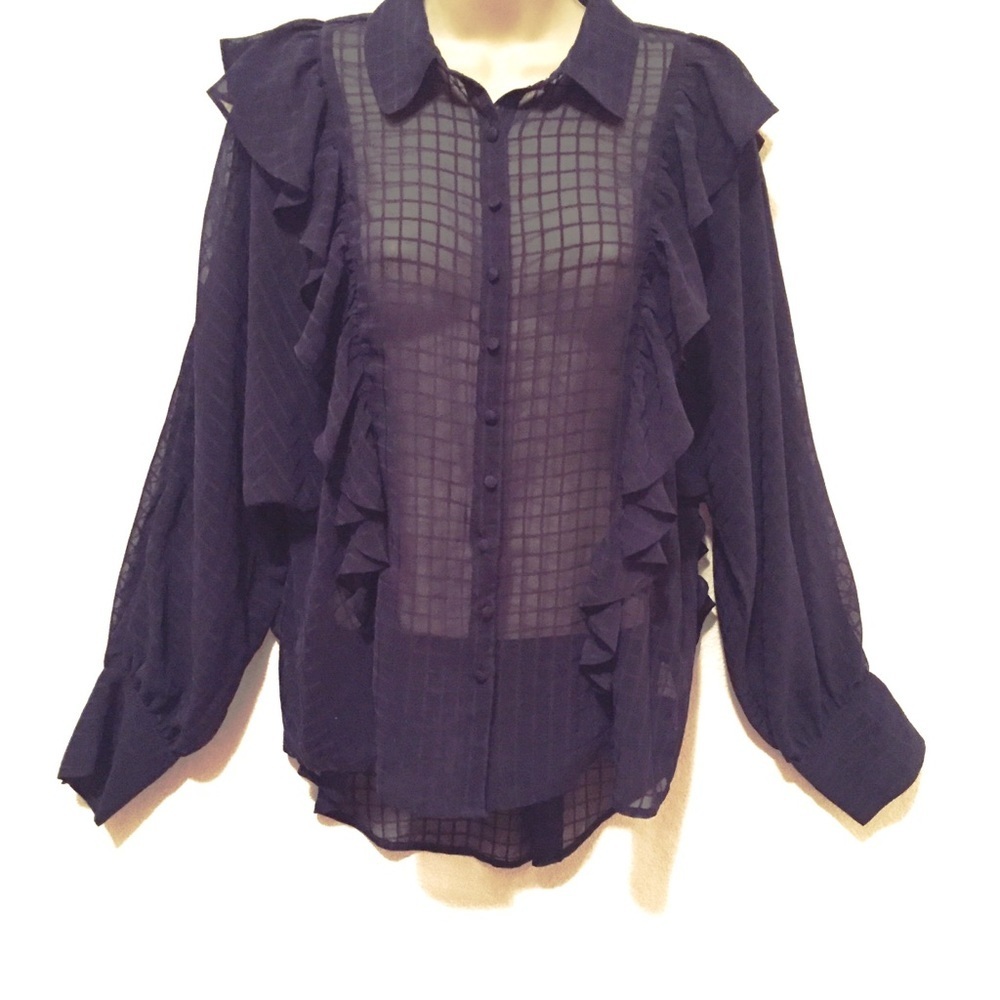 Free People Women’s Sheer Ruffles Blue Blouse S